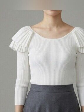 Chic White Ribbed Top with Pleated Shoulders